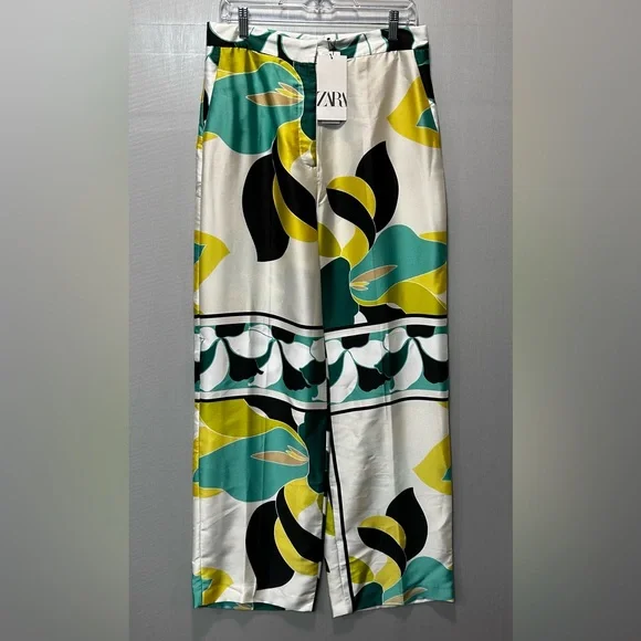 ZARA Womens High Waisted Wide Leg Satin Multicolor Abstract Print Pants SZ L NWT - Picture 1 of 6